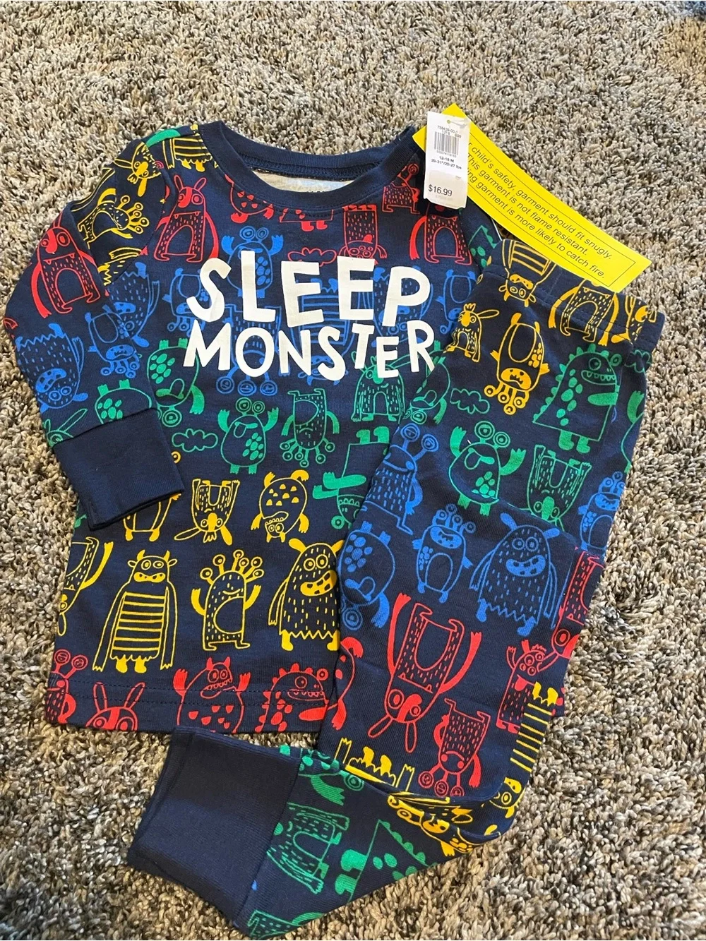 Old Navy Navy Sleep Monster Pajama Set with Red, Yellow, Green & Blue Monsters
